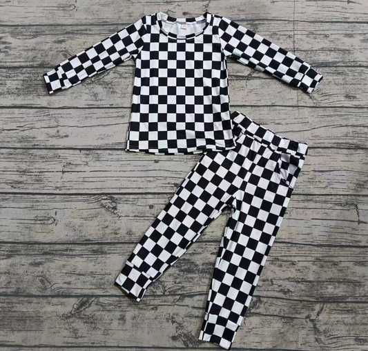 Baby Boy Long Sleeves Black White Checkered Shirt Pocket Pants Pajamas Set