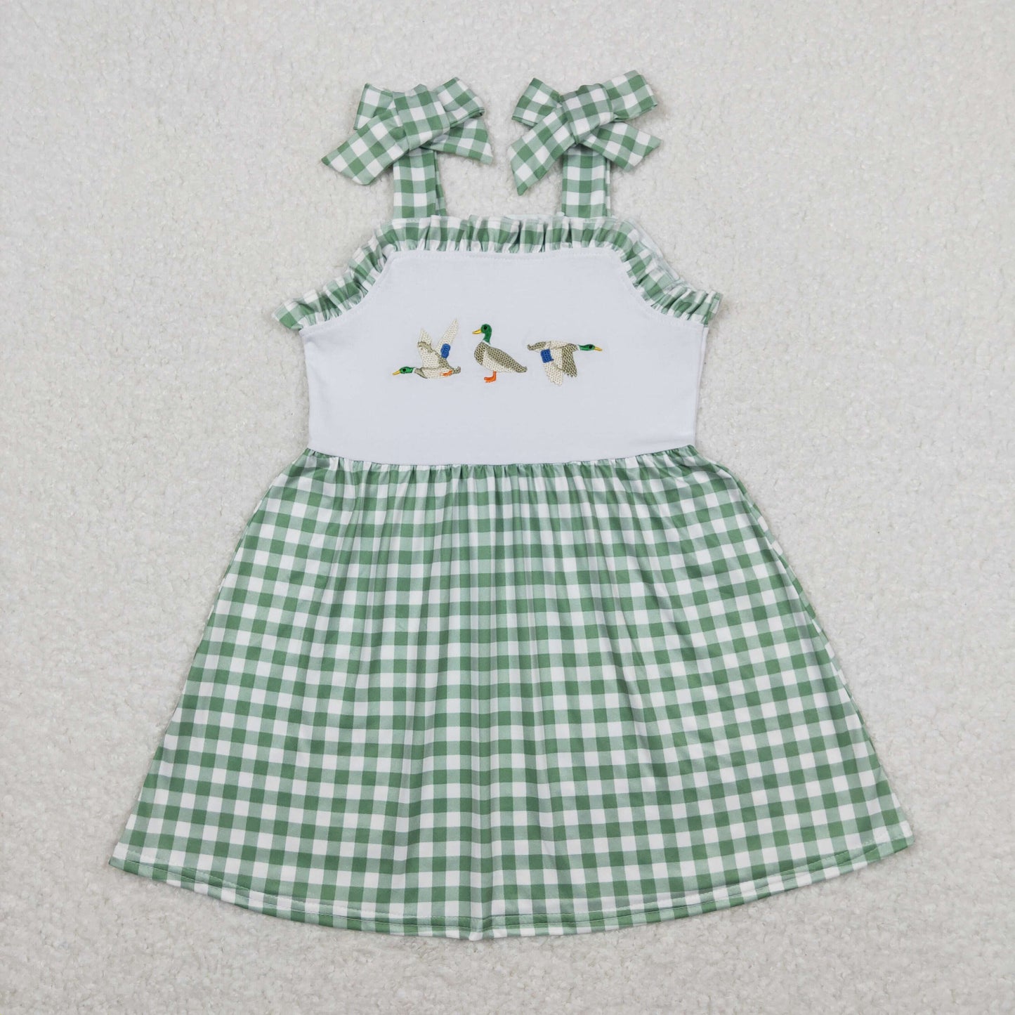 Baby Girl Sleeveless Embroidery Ducks Green Plaid Summer Dress