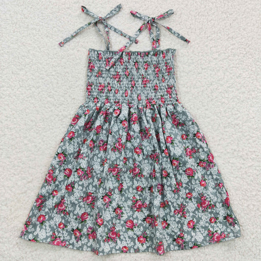 GSD0378 Baby Girl Summer Halter Sleeveless Elastic Smocked Floral Dress