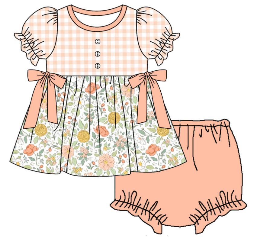 Baby Girl Short Sleeves Flower Plaid Sibling Romper Dress Clothes Set ( Moq 5 Each Design )