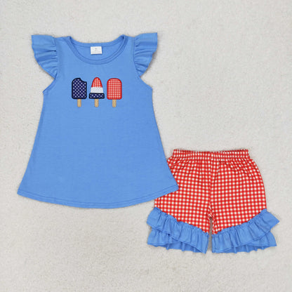 Baby Boys 4th Of July Embroidery Popsicle Shirt Red Checkered Shorts Clothes Sets