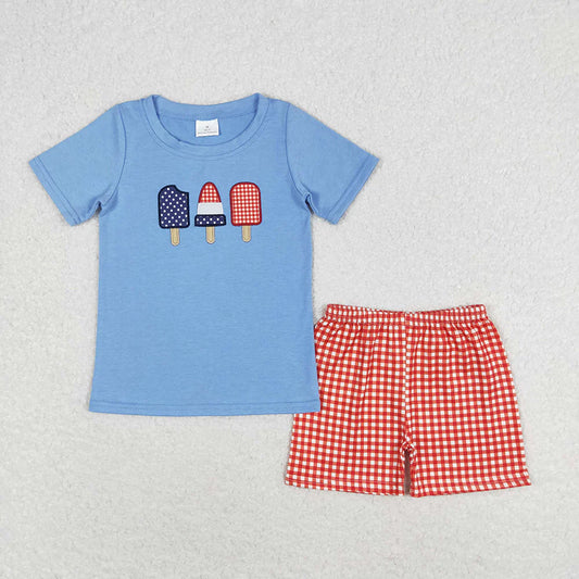 Baby Boys 4th Of July Embroidery Popsicle Shirt Red Checkered Shorts Clothes Sets