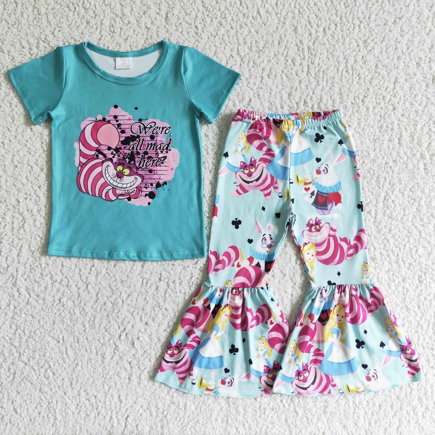 Promotion Baby Girl Short Sleeves Green Shirt Cat Bell Pants Outfit