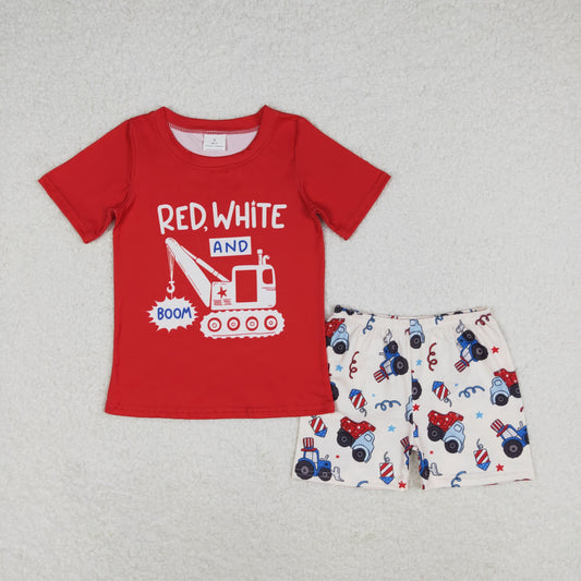 Baby Boy Red Short Sleeves Shirt Trucks Shorts July 4th Set