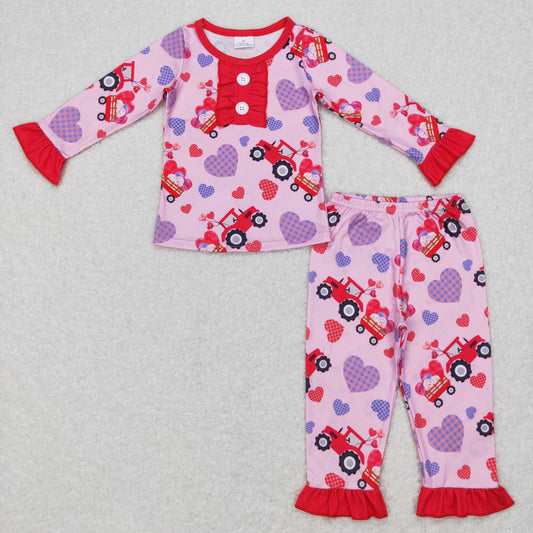 GLP0904 Baby Girl Long Sleeves Valentines Hearts Tractor Outfit Pajamas