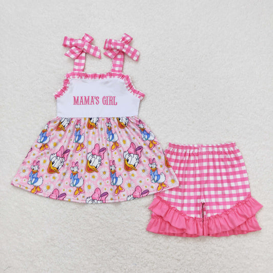 Mama's Girl Cartoon Ducks Floral Tops Pink Plaid Ruffle Shorts Summer Set