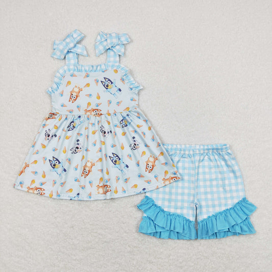 Baby Girl Sleeveless Dogs Tunic Blue Plaid Ruffle Shorts Set