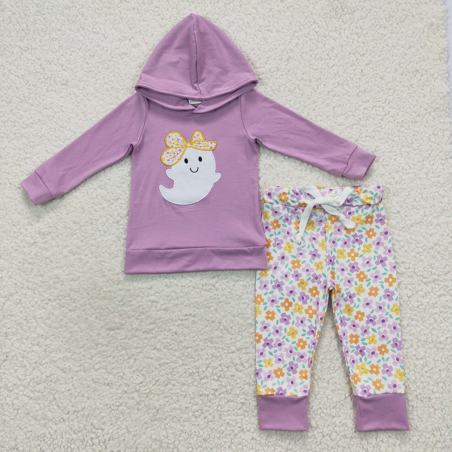 GLP0530 Baby Girl Purple Long Sleeves Embroidery Ghost Hoodie Floral Pants Outfit