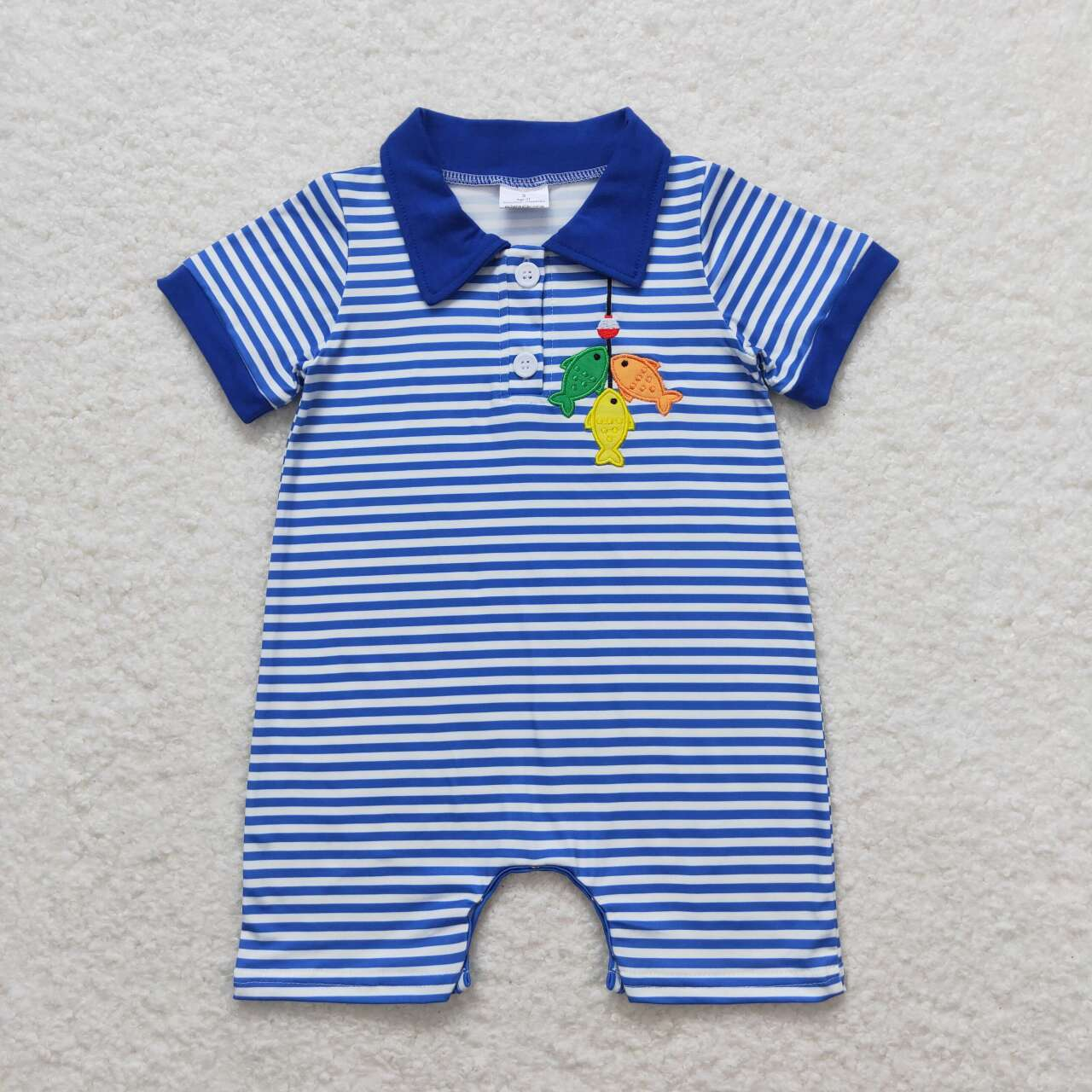 Baby Boy Short Sleeves Embroidery Fishing Stripes Blue Summer One Piece Romper