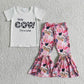 Promotion Baby Girl Short Sleeves Western Cow Shirt Pink Bell Pants Outfit