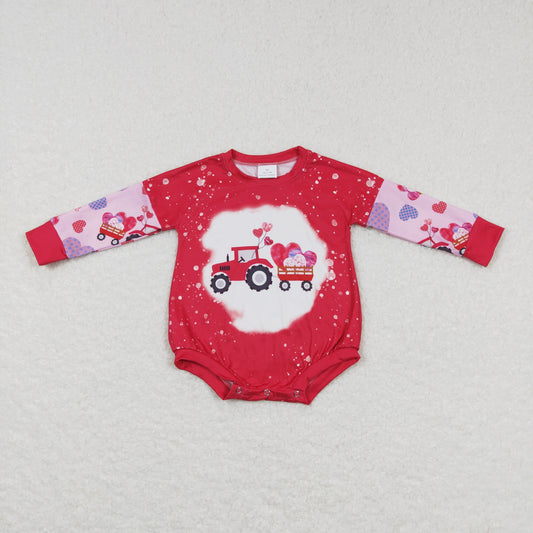 LR0773 Baby Girl Long Sleeves Valentines Hearts Tractors One Piece Romper