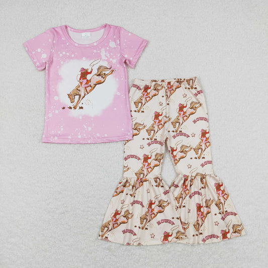 Baby Girl Short Sleeves Rodeo Pink Shirt Bell Pants Western Set