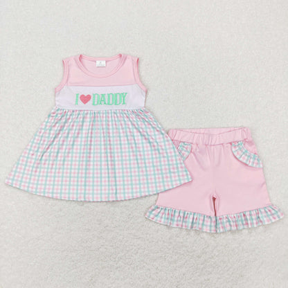 GSSO0441 Baby Girl Sleeveless Embroidery I Love Daddy Tunic Ruffle Pocket Shorts Summer Pink Set