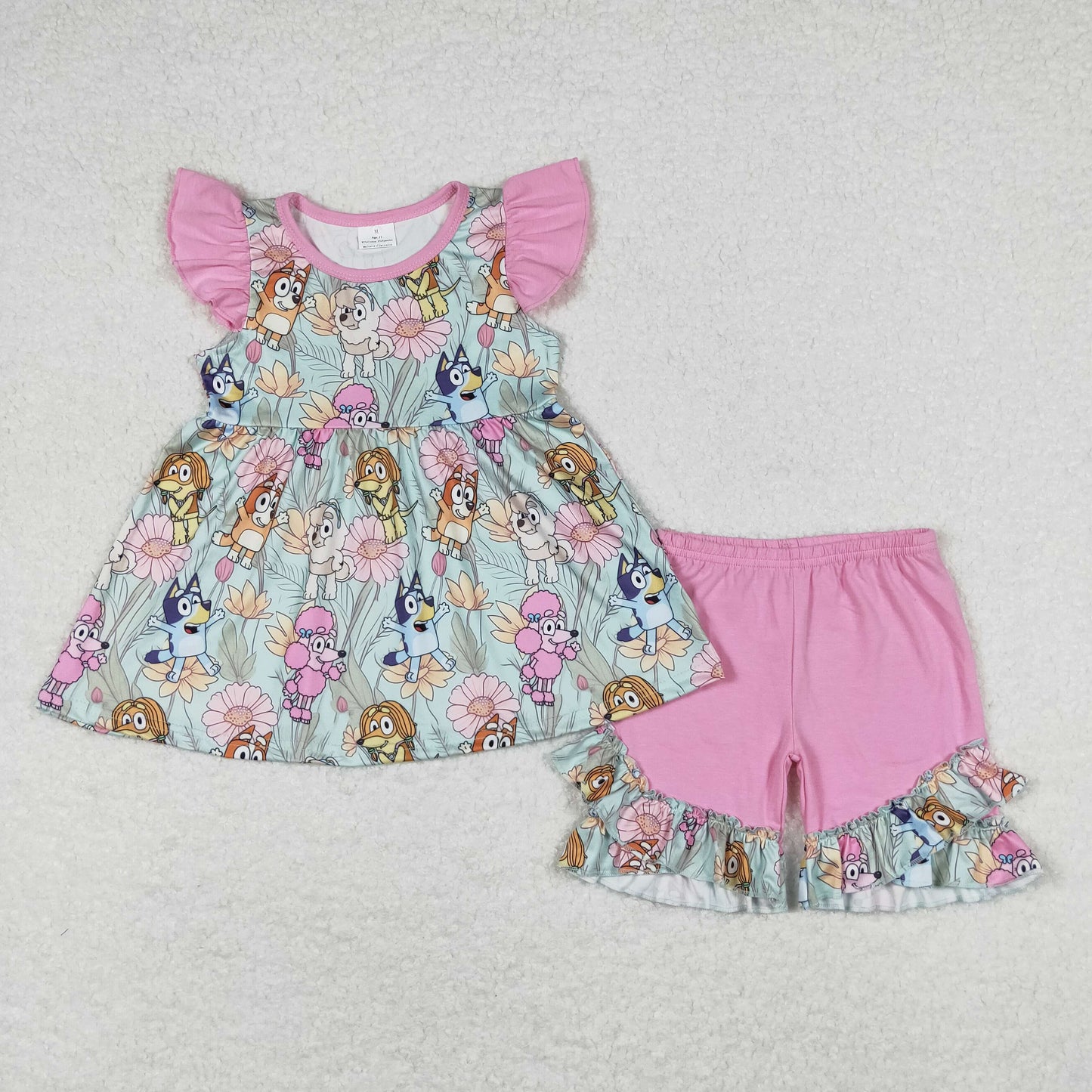 Baby Girl Short Sleeves Dogs Floral Tunic Ruffle Pink Shorts Summer Set