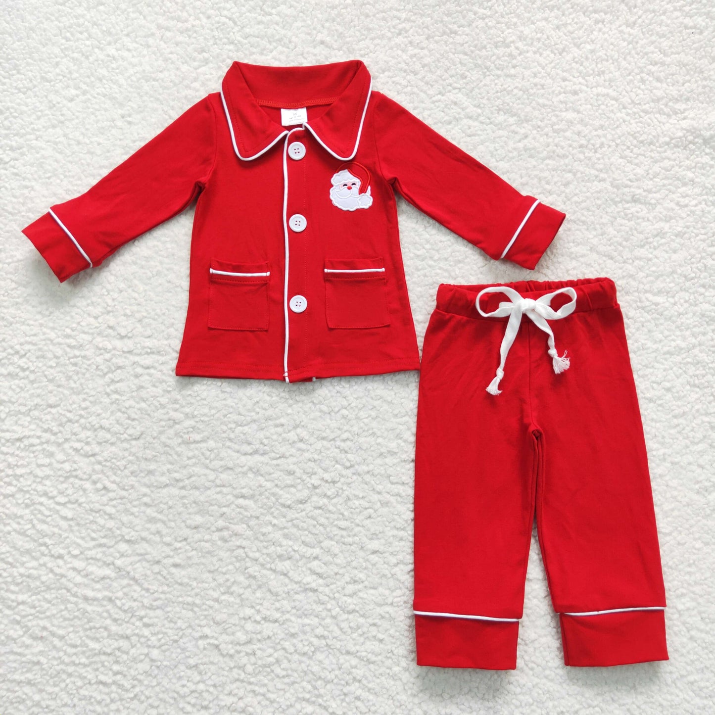 BLP0295 Baby Boy Red Long Sleeves Button Up Embroidery Red Pants Christmas Santa Pajamas Outfit