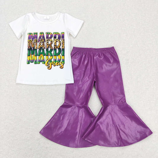 GSPO1281 Baby Girl Short Sleeves Mardi Gras Shirt Purple Leather Bell Pants Set