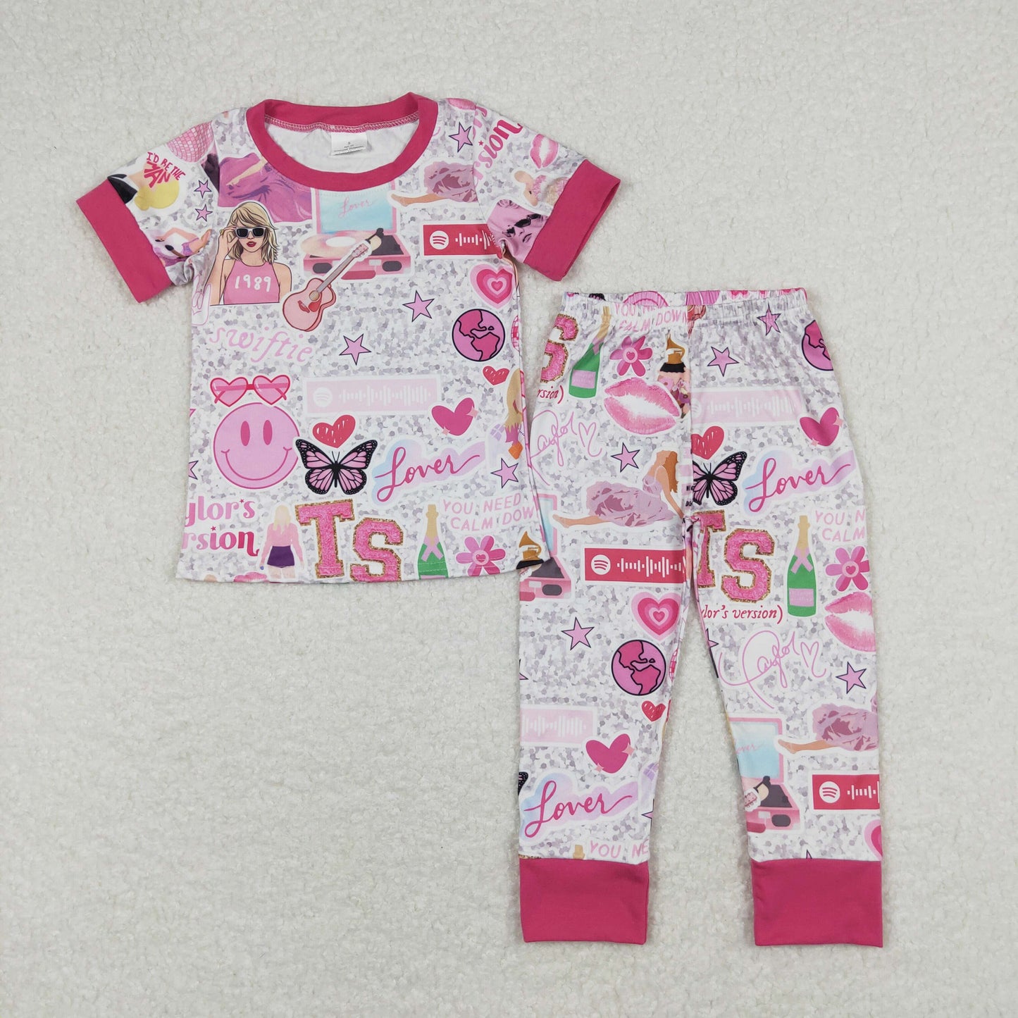 Baby Girl Short Sleeves Singer Shirt Pants Pink Pajamas Set