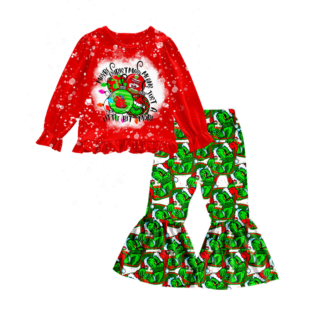 Baby Girl Long Sleeves Red Shirt Green Face Pants Christmas Set