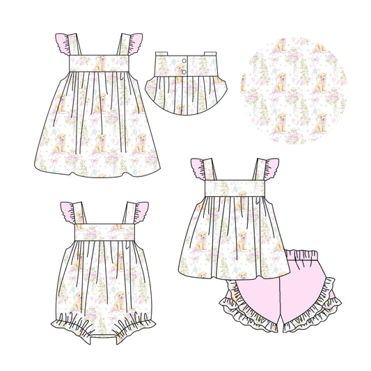 ( Moq 5 Each Style ) Sibling Baby Girls Kids Dogs Flower Bows Romper Dress Set Clothes