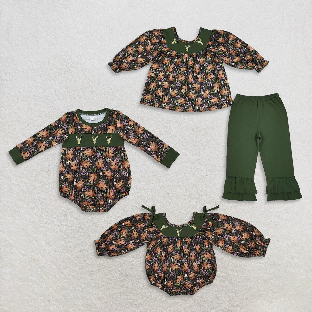 Sibling Baby Boys Girls Kids Embroidery Deer Leaves Rompers Set Fall Clothes RTS