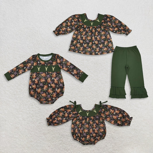 Sibling Baby Boys Girls Kids Embroidery Deer Leaves Rompers Set Fall Clothes RTS