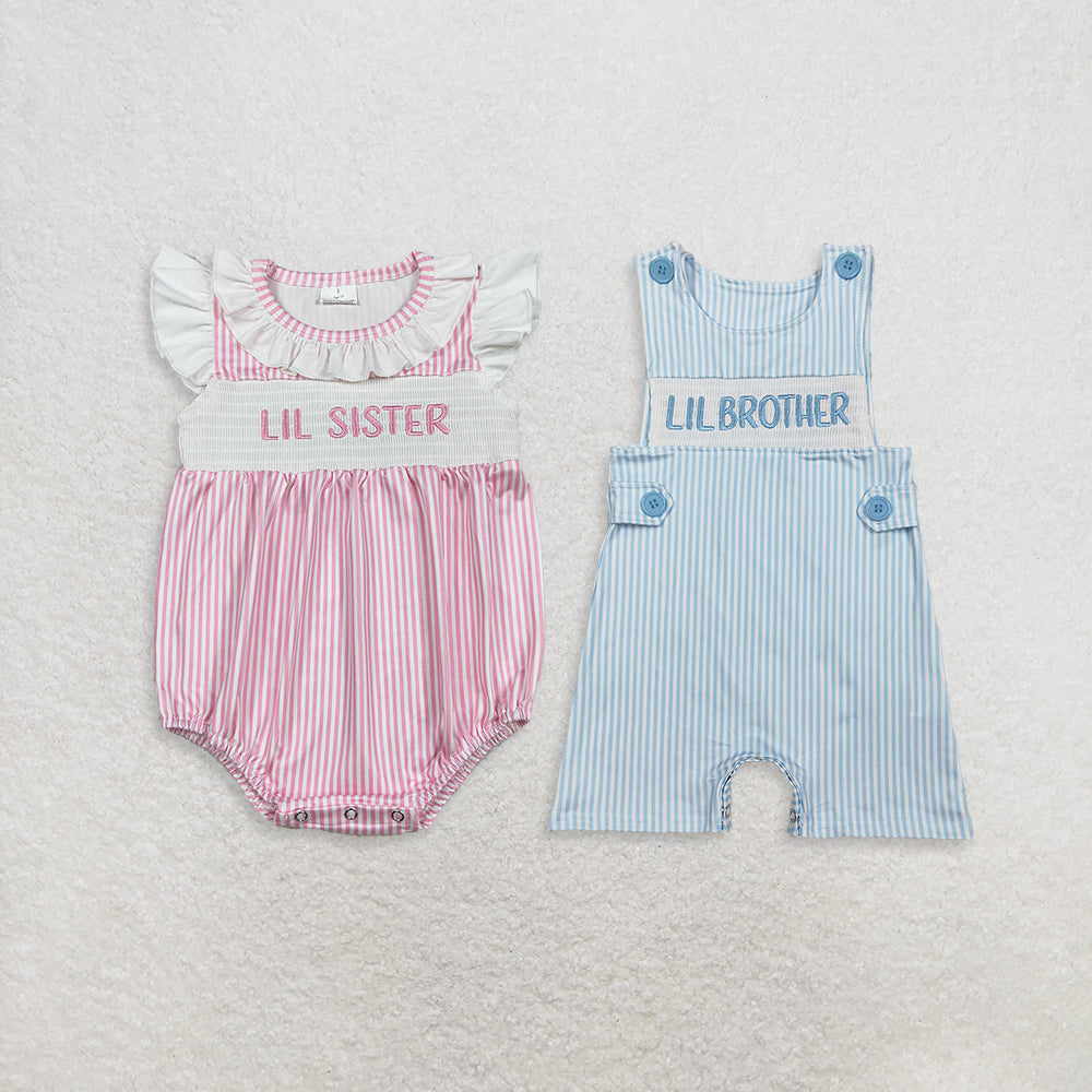 Sibling Baby Boys Girls Infant Little Brother Sister Stripes Embroidery Rompers RTS