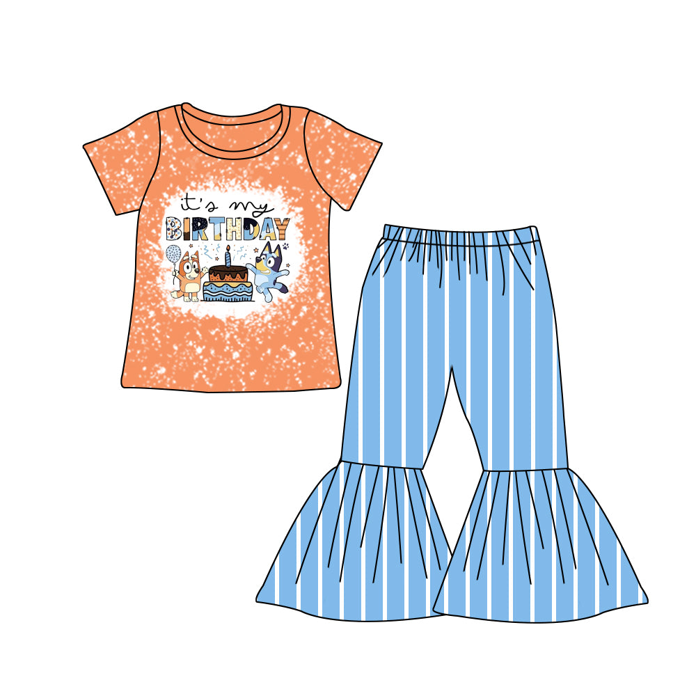 Baby Girl Toddler Birthday Dogs Shirt Stripes Blue Pants Set