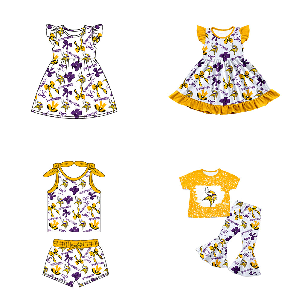 ( Moq 5 each style ) Baby Girl Toddler Team Yellow Purple Bows Sibling Green Dress Set 7.9