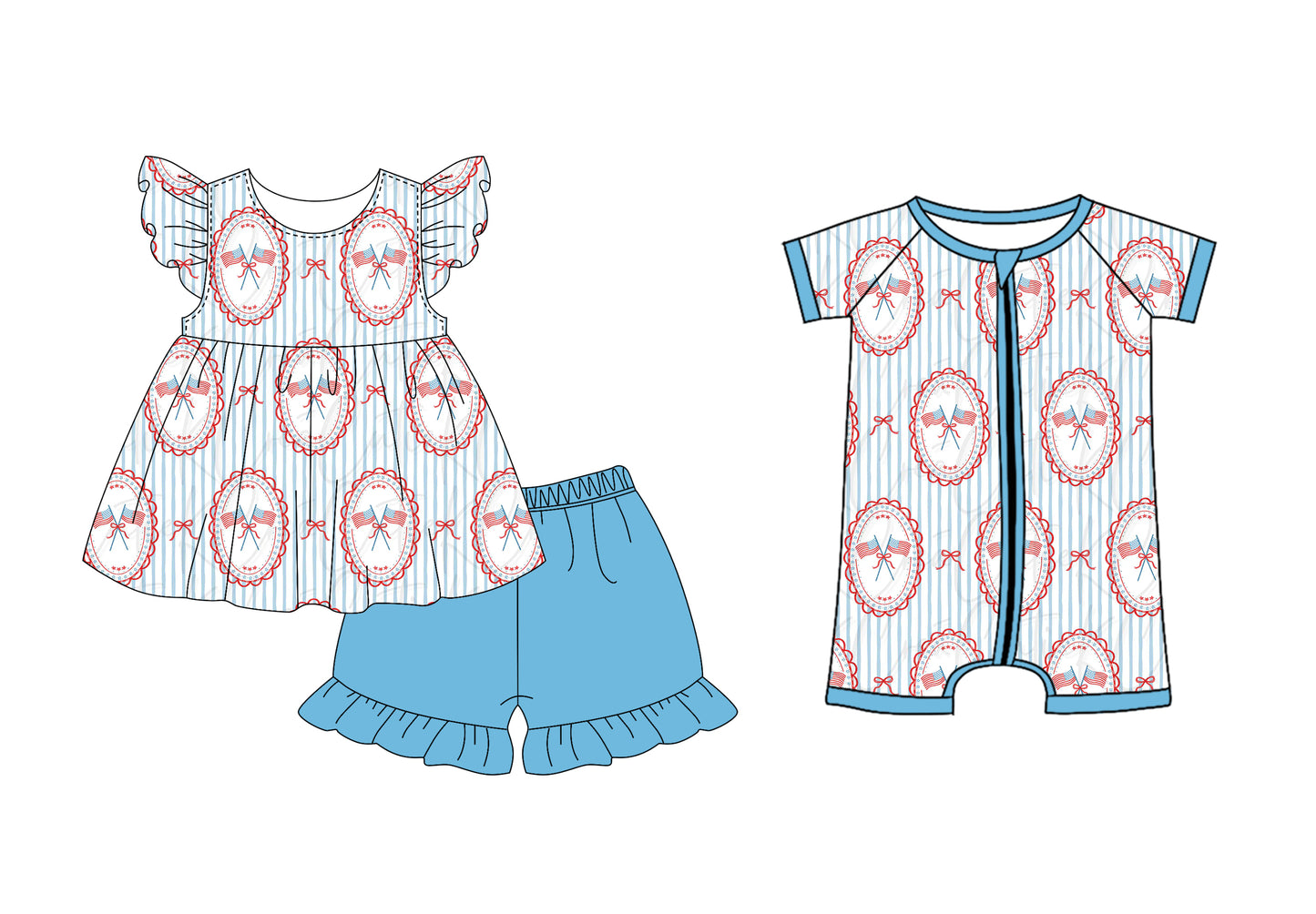 ( Moq 5 Each Style ) Sibling Baby Girls Kids Flags Bows Tunic Shorts 4th of July Set Romper