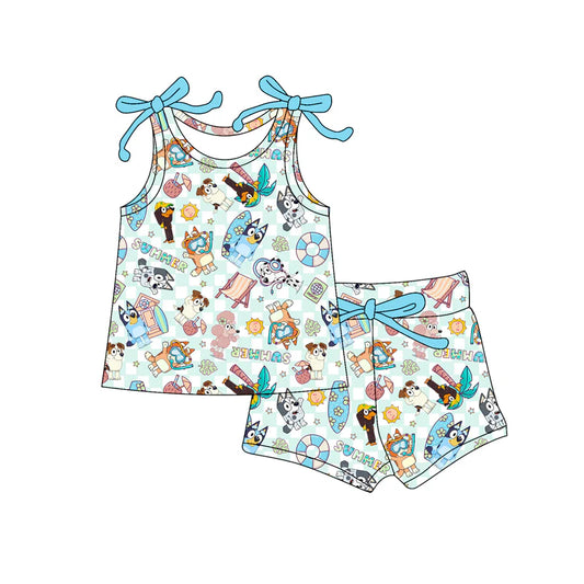 Baby Girl Bows Sleeveless Cartoon Dogs Beach Top Short Set ( Moq 5 )