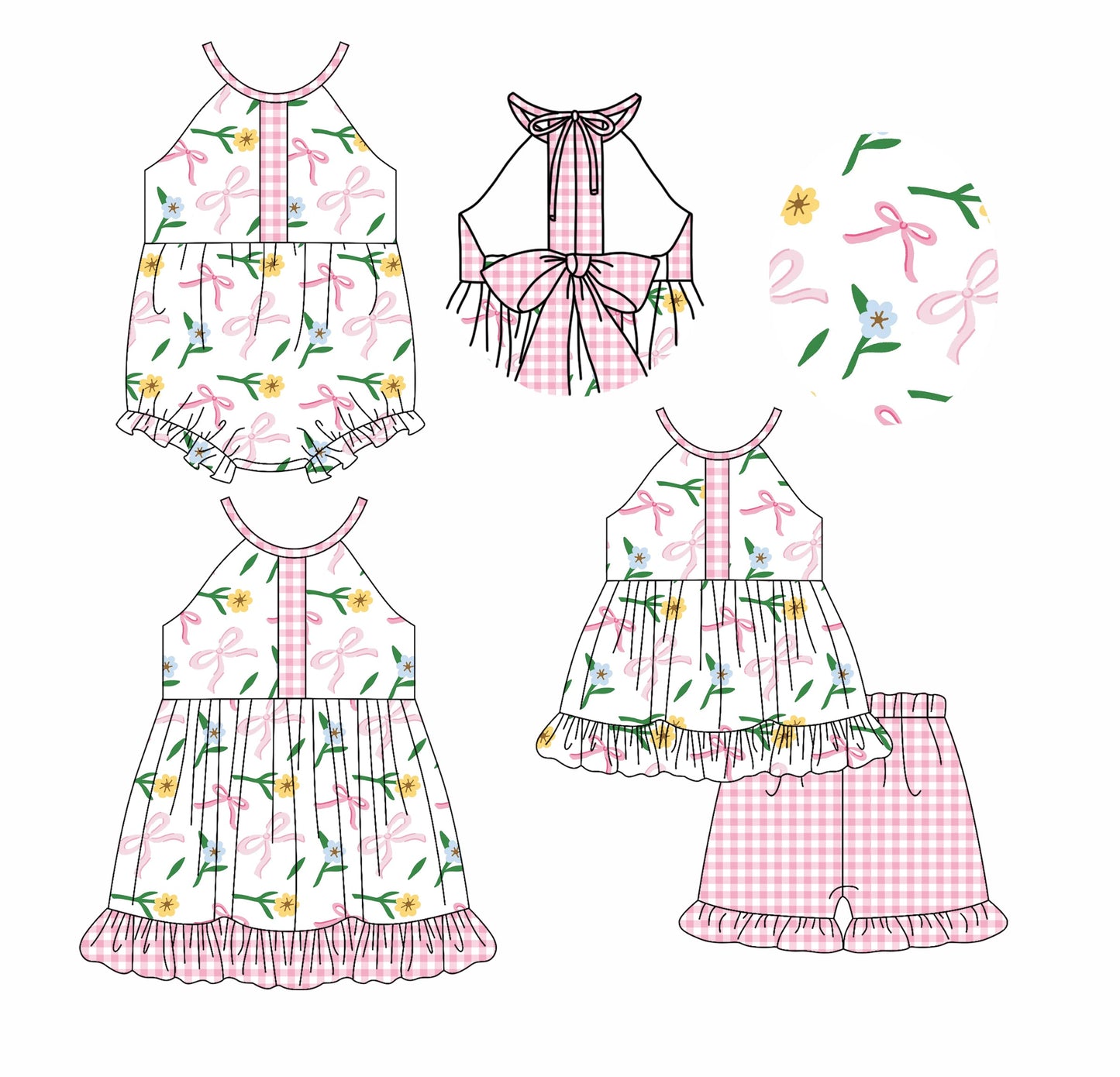 Baby Girl Flower Bows Halter Sibling Romper Dress Set ( Moq 5 Each Style ) 2.20