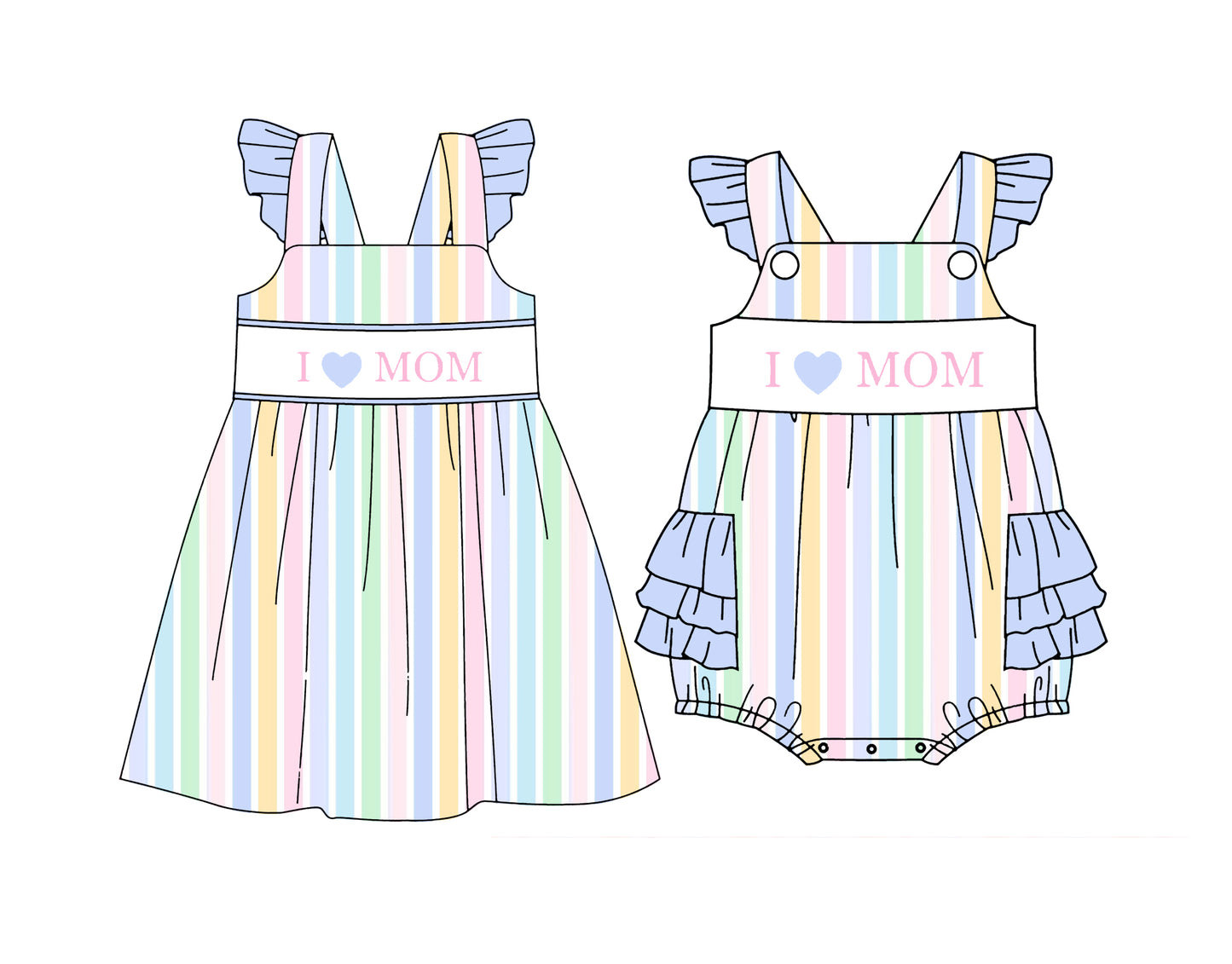 ( Moq 5 Each Style ) Baby Girls Kids I Love Mom Sibling Colorful Stripes Romper Dress