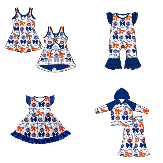 ( Moq 5 each style ) Baby Girl Toddler SF Team Orange Blue Bows Sibling Romper Dress Set 6.16