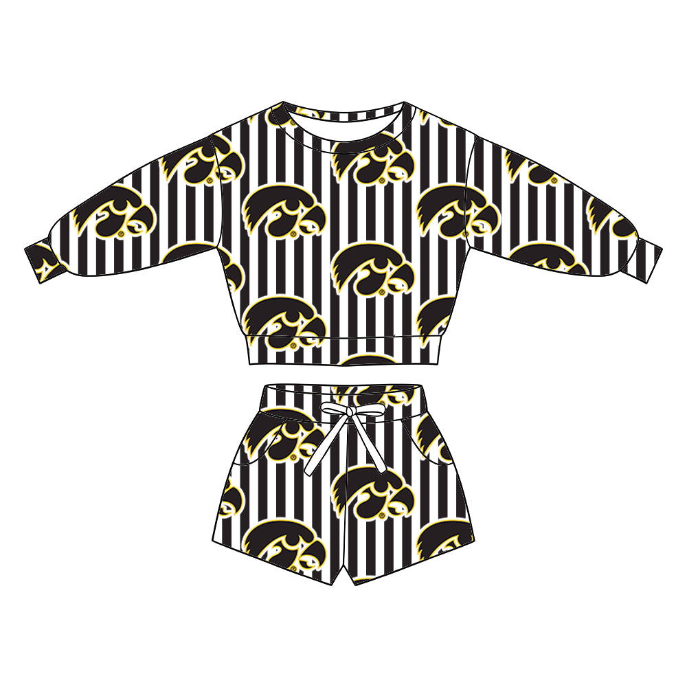 ( Moq 5 ) Baby Girls Kids Long Sleeves Shirt Pockets Shorts Team Set Clothes