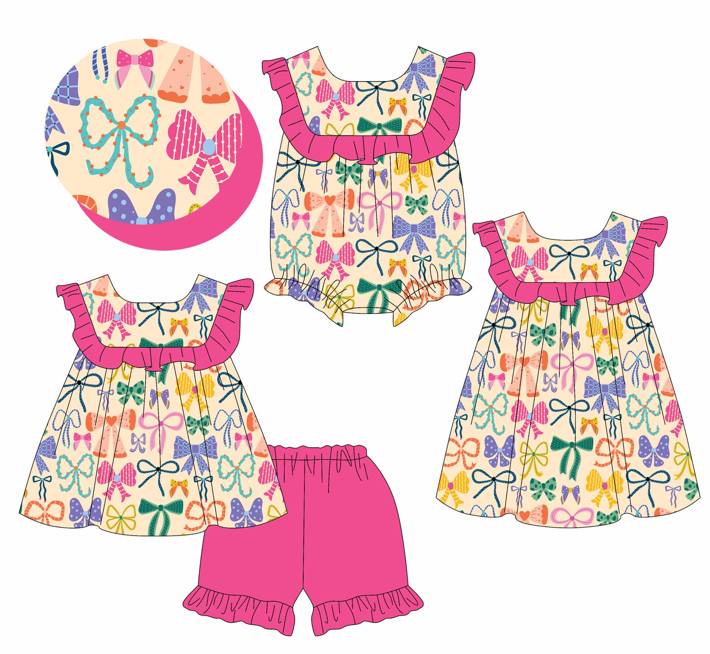 Baby Girl Short Sleeves Colorful Bows Sibling Romper Dress Set ( Moq 5 Each Style ) 3.19