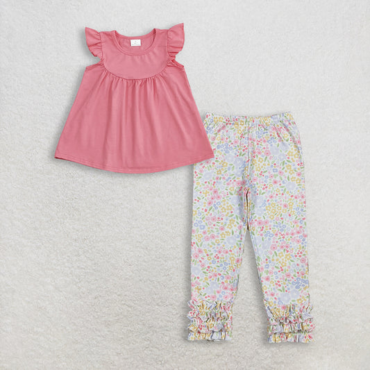Baby Girl Kids Short Sleeves Cotton Pink Tops Floral Ruffle Pants Set Clothes RTS