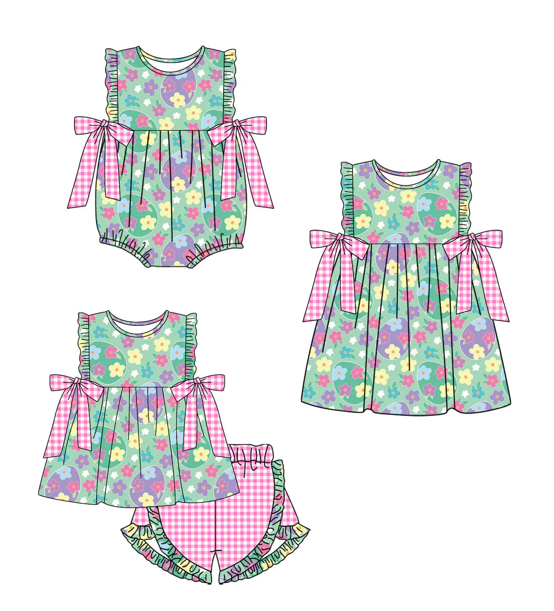 ( Moq 5 Each Style ) Baby Girls Kids Eggs Flower Bows Sibling Easter Romper Dress Set