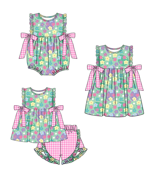 ( Moq 5 Each Style ) Baby Girls Kids Eggs Flower Bows Sibling Easter Romper Dress Set