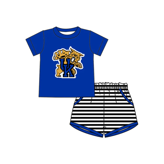 ( Moq 5 ) Baby Boys Blue Short Sleeves Tiger Shirt Stripes Pockets Shorts Team Clothes Set