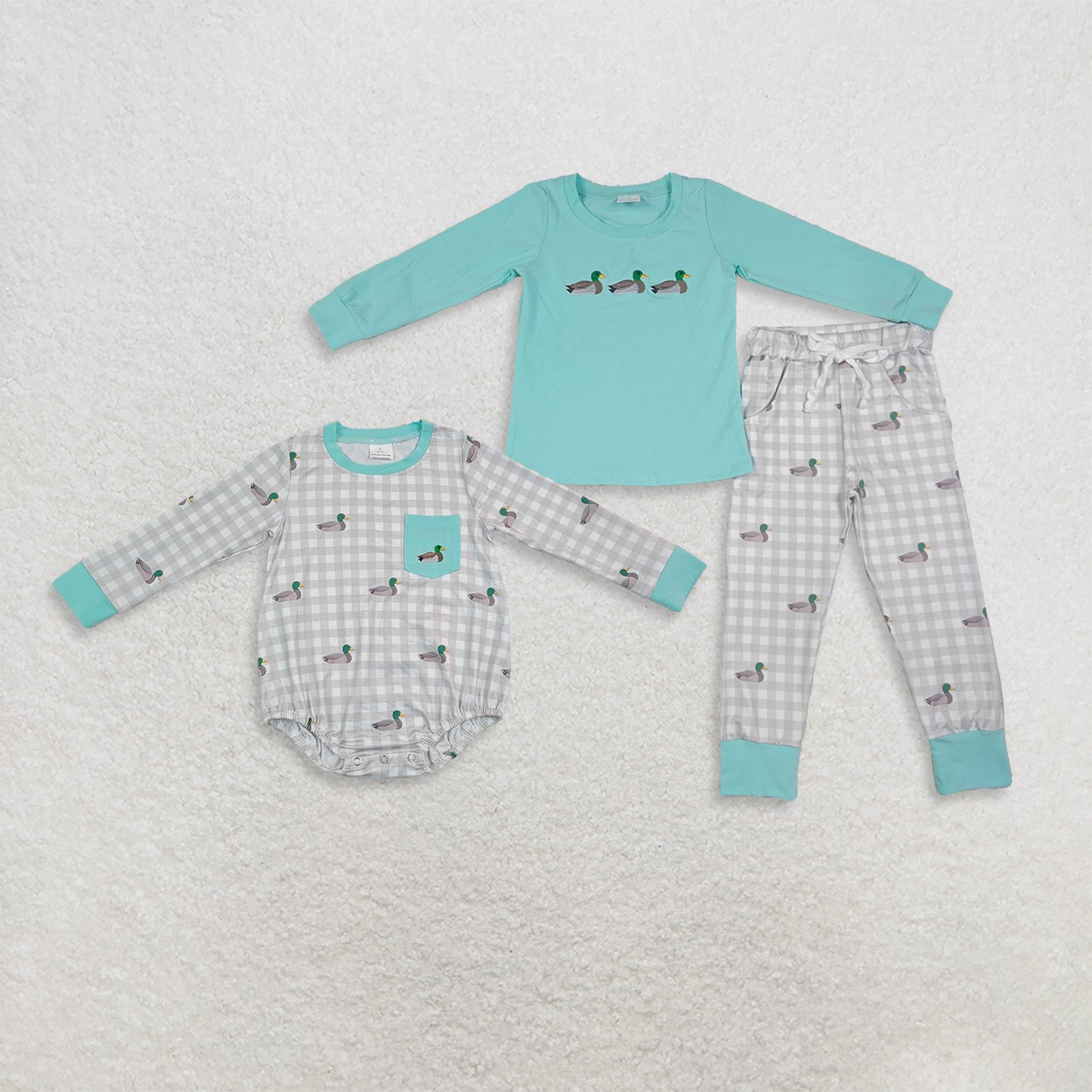 Sibling Baby Boys Kids Long Sleeves Embroidery Ducks Plaid Romper Set Clothes RTS