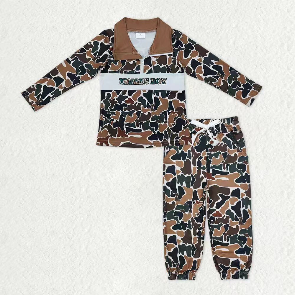 Baby Boys Embroidery Mama's Boy Shirt Pockets Jogger Pants Brown Green Camo Clothes Set