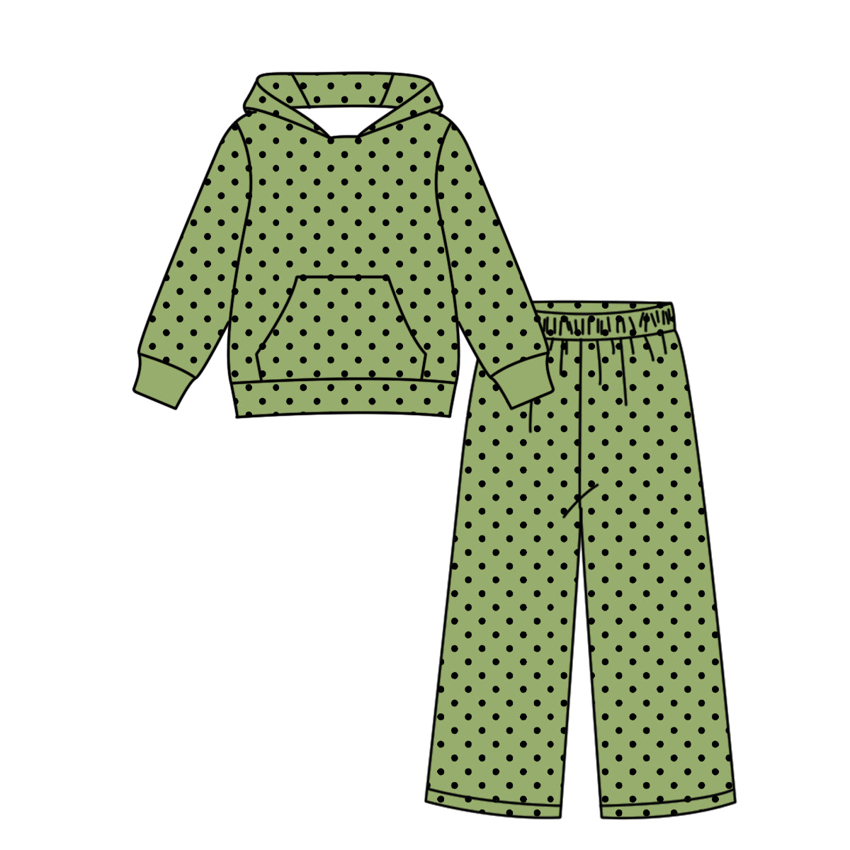 ( Moq 5 ) Custom Baby Girls Kids Black Dots Hoodie Pullover Pants Green Set Clothes