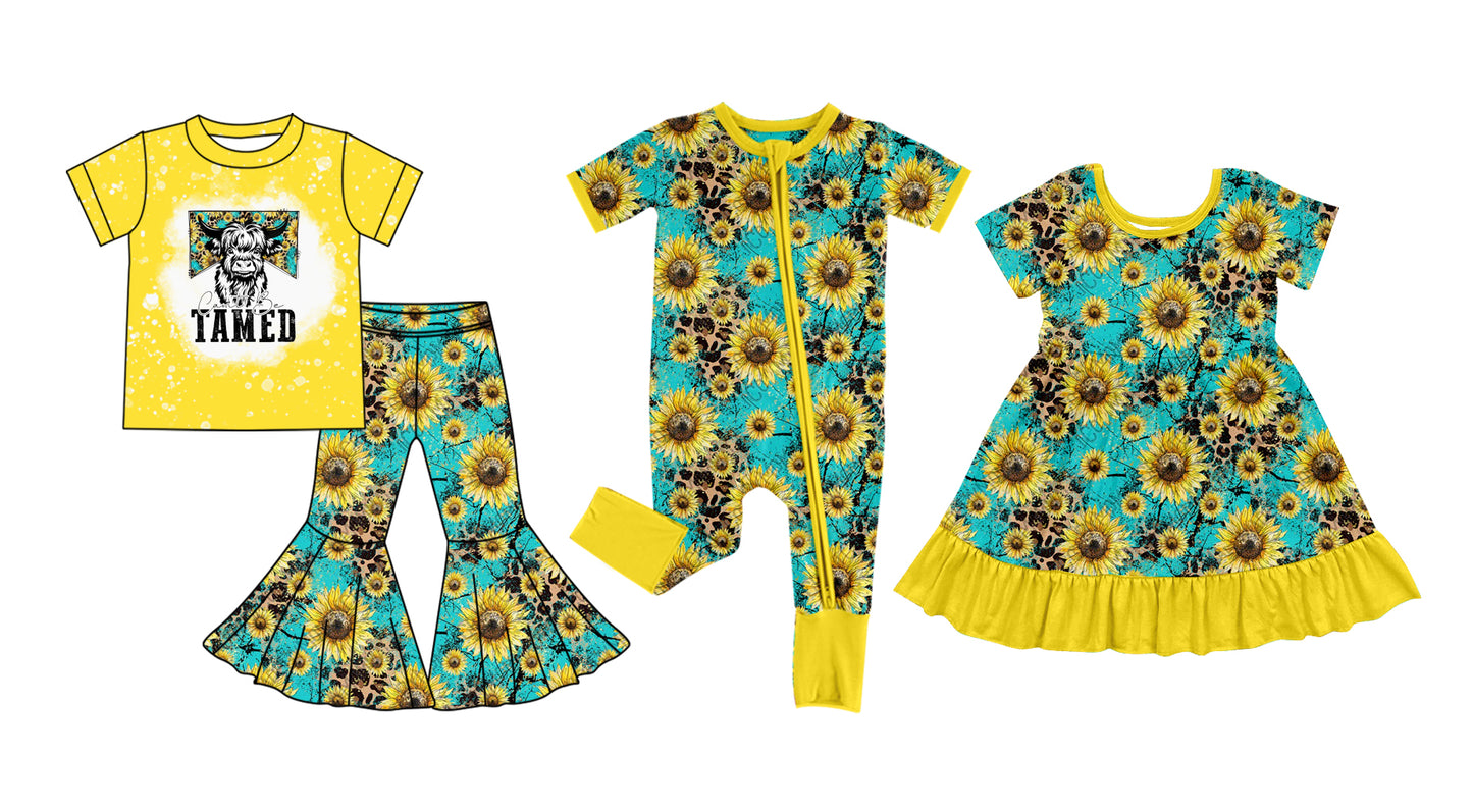 Baby Girl Short Sleeves Western Cow Sunflower Sibling Matching Romper Dress Clothes Set  11.11