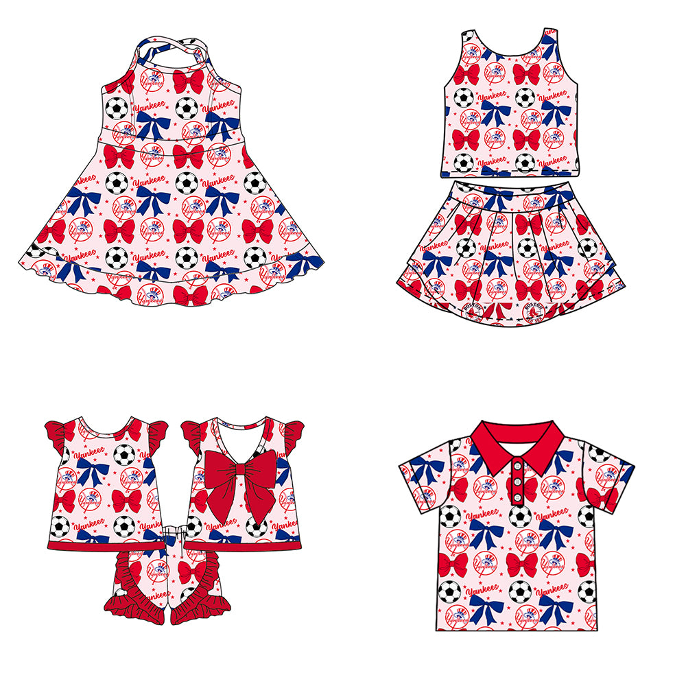 ( Moq 5 each style ) Baby Girl Toddler Team Red Blue Bows Soccer‌ Sibling Shirt Dress Set