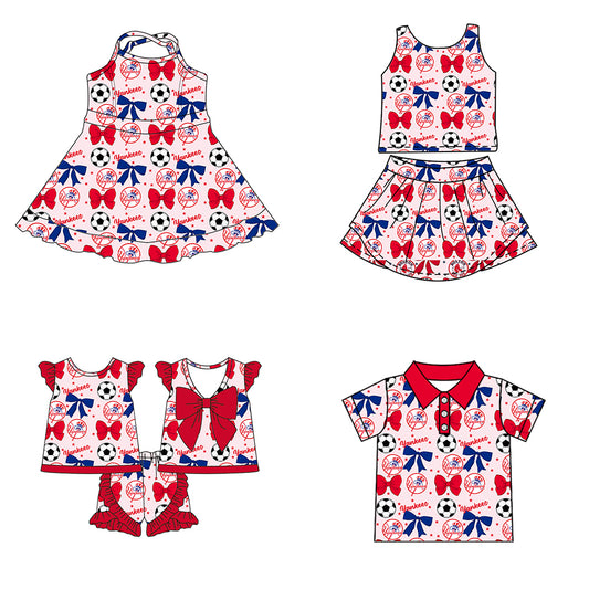 ( Moq 5 each style ) Baby Girl Toddler Team Red Blue Bows Soccer‌ Sibling Shirt Dress Set