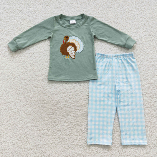 BLP0214 Baby Kids Thanksgiving Embroidery turkey Long Sleeves Pants Outfit Pajamas