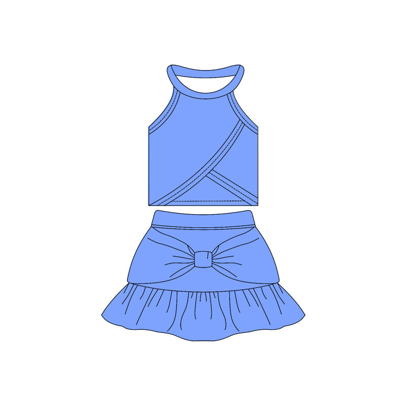 ( Moq 10 ) Baby Girl Blue Sleeveless Vest Bow Ruffle Shorts Skirts Activity Wear Yoga Set