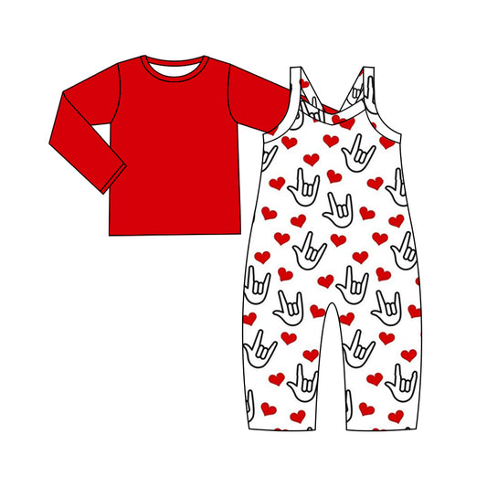 Baby Girl Toddler Long Sleeves Red Shirt Valentine Hearts Jumpsuit Set