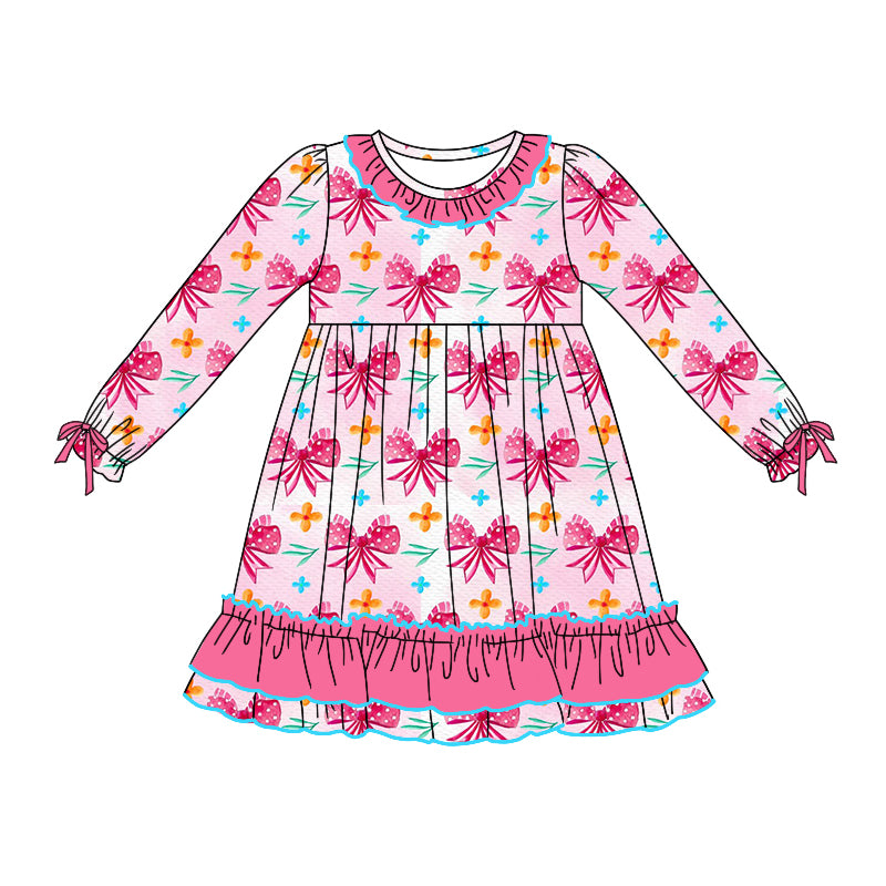 Baby Girl Long Sleeves Bows Flower Pink Ruffle Dress