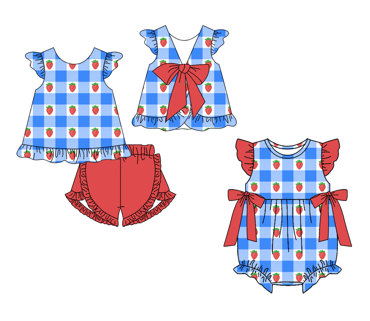 ( Moq 5 Each Style ) Sibling Baby Girls Kids Strawberry Plaid Bows Tops Shorts Set Romper Clothes